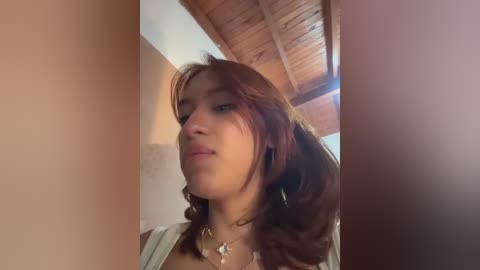 A video of a young woman with light brown skin, shoulder-length wavy brown hair, and a light gray top, standing in a rustic, wooden-beamed room.