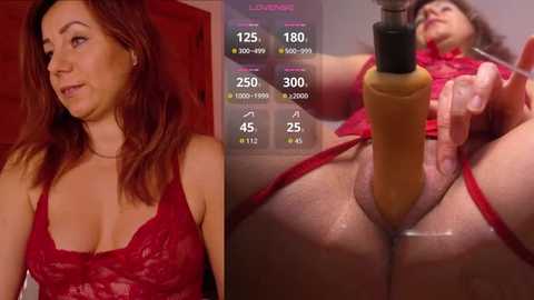 Video of a red-haired woman in a red lace bra, holding a bottle of oil, with a virtual reality display showing user stats.