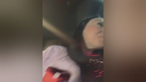 Media: A blurred video of a person with light skin and dark hair wearing a red jacket, partially visible in a dimly lit room.