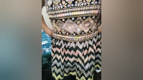 Video of a woman's torso in a black and white zigzag pattern dress adorned with intricate, blingy gold and silver embellishments. The background is blurred, showing a dark room with a hint of blue light.