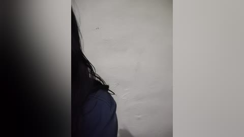 Video of a woman with long, dark hair partially visible, standing in a dimly lit hallway with white walls and a textured, worn patch on the wall.