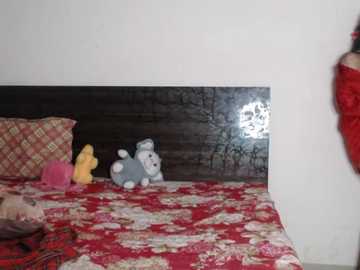 Video of a simple bedroom with a red floral bedspread, dark wooden headboard, stuffed toys (yellow, pink, gray), and a red curtain hanging on the right.