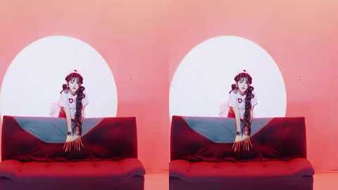Video of a woman in a white dress and black bow, seated on a red couch, with a circular white wall behind her. The image is presented in a stereoscopic format, creating a 3D effect.