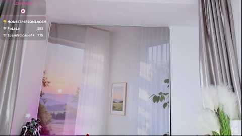 Video of a modern bedroom with sheer white curtains, a mirror reflecting a scenic sunset, gray drapes, and a vase of white flowers.