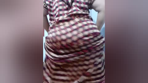 Video of a person from the waist down, wearing a red and white checkered dress, hands in pockets, standing against a blurred background.