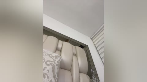 Video of a modern, cream-colored, tufted leather headboard with a textured, diamond pattern, set against a light gray wall with white blinds partially closed. The bed features a gray and white patterned pillow. The room exudes a minimalist, chic aesthetic.