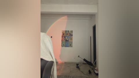 Video of a minimalist room with a large, colorful mural on the wall, a white blanket draped over a black chair, and a recumbent exercise bike on the floor.