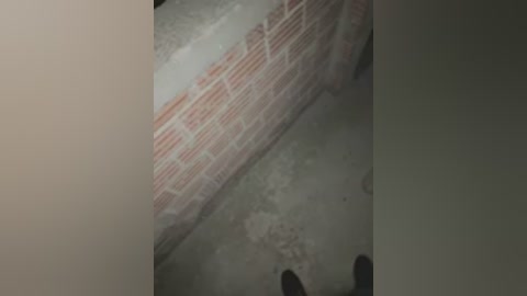 Media: Video of a person's feet standing next to a half-built brick wall with exposed red bricks and concrete. The background is dimly lit, suggesting a construction site or unfinished room.