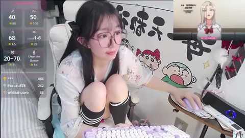 Media: Video of a young Asian woman with glasses, wearing a white floral kimono, playing a keyboard in a cozy room adorned with Japanese anime art and streaming statistics on a screen.