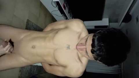 Media: A video of a nude, slender Asian man with short black hair and a tattoo on his chest, standing in a dimly lit room. He has a semi-erect penis.