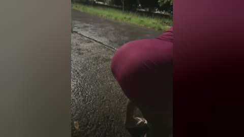 Media: Video of a person's backside in a tight, red dress on a wet, dark street, with blurred green grass and trees in the background.