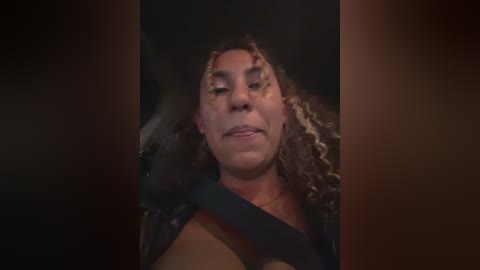 Media: Video of a woman with curly, shoulder-length hair, wearing a dark jacket, sitting in a car with a seatbelt. The background is dimly lit, emphasizing her solemn expression.