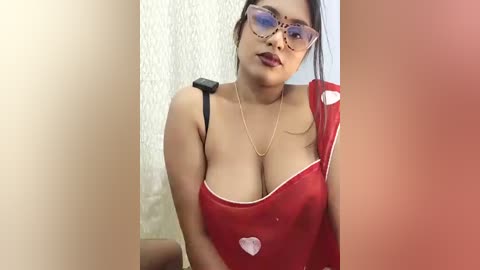 Media: Video of a plus-sized, light-skinned woman with long dark hair, wearing large pink-tinted glasses, a red tank top, and a heart necklace, leaning against a beige textured wall.