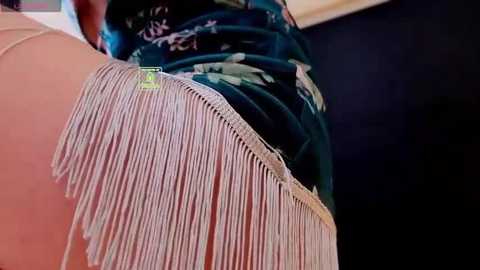 Media: A video of a close-up view of a person wearing a green dress with a fringe of silver, tassel-like decorations along the hemline. The background is dark, with minimal details visible.