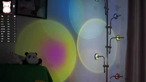 A video of a dimly lit room with a teddy bear on a green table, soft, colorful lens flares in the background, and a wall-mounted light fixture with multiple bulbs.