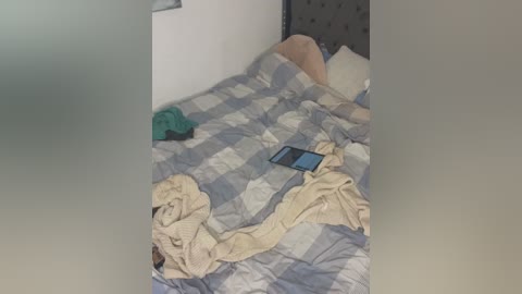 Video of a messy bedroom showing a person's legs and torso under a blue and white checkered bedspread. Clothes and a phone are scattered on the bed.