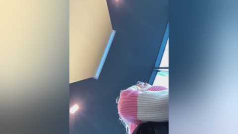 Media: A video of a young girl with long, blonde hair wearing a pink and white striped sweater, sitting at a table in a modern room with a hexagonal skylight and blue walls.