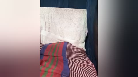 Video of a bed with a striped red, green, and blue blanket, a white textured pillow, and a navy blue curtain backdrop.