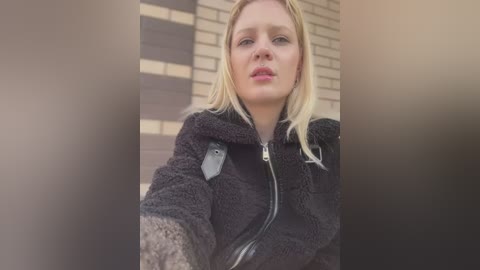 Media: A video of a Caucasian woman with straight blonde hair, wearing a black fleece jacket, standing in front of a beige brick wall. The background is blurred.