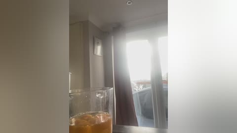 A video of a dimly lit, modern kitchen with beige walls, a stainless steel sink, and a glass of iced tea on the counter. The background reveals a partially visible living area with a sofa and window covered by sheer curtains.