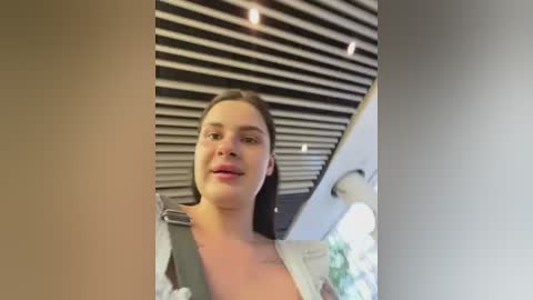 Video of a young woman with fair skin and long brown hair, wearing a white shirt, sitting in a car with a slatted ceiling.