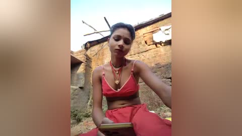 Video of a young South Asian woman with dark hair in a red traditional outfit, sitting on a stone wall in a rural setting. She holds a smartphone, surrounded by rustic buildings.