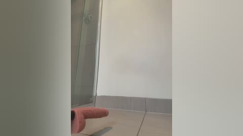 Media: A video of a modern bathroom featuring a glass shower door and a towel roll on the floor. The walls are white, and the floor is tiled with beige tiles. The scene is minimalist and clean.