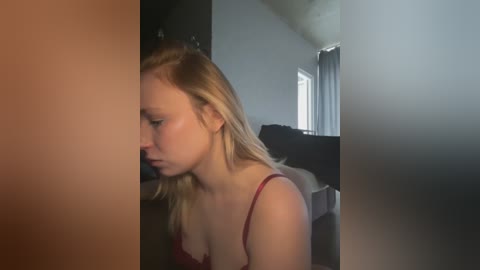 Video of a young Caucasian woman with long blonde hair, wearing a red bra, standing in a dimly lit room. Background features a window with closed curtains and a dark couch.