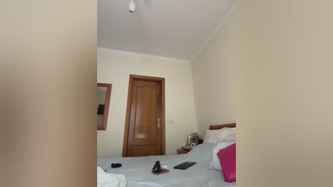 Media: A video of a modest, neatly arranged bedroom with beige walls, a wooden door, a nightstand with a lamp, and a bed with white and pink bedding. A smartphone and remote control are on the bed.