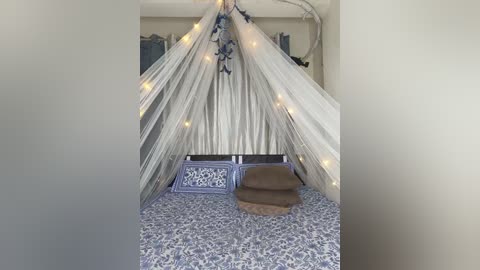 A video of a cozy, white-canopied bed with blue and white patterned bedding and a brown cushion, adorned with fairy lights and a decorative bird, creating a whimsical and romantic ambiance.