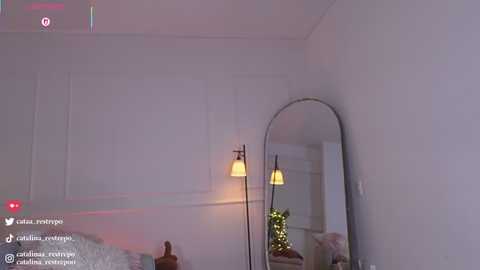 Video of a dimly lit bedroom with white walls, a round mirror, and two wall sconces. The room's decor is minimalistic, with soft pastel lighting, and social media icons in the bottom left corner.