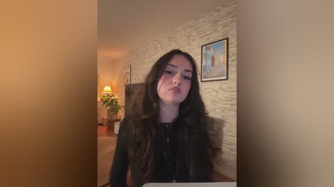 A video shows a young woman with long, dark hair, wearing a black top, leaning against a textured stone wall. The background includes a lit lamp and a framed painting.