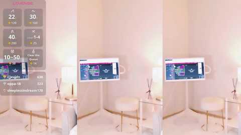 A virtual reality screenshot of a minimalist room with beige walls, a white sofa, a glass coffee table, and a mounted TV displaying a colorful graphic. A digital overlay shows health data and temperature settings.