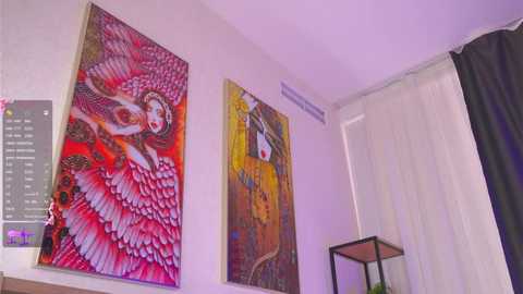 Video of a modern room with two vibrant, abstract paintings on white walls. The left painting features a red and pink bird, the right one has a yellow and brown bird. A black-framed window with white curtains and a small wooden table with a green plant are visible.