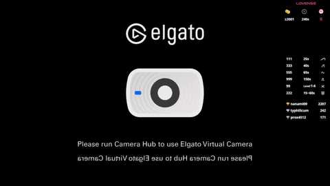 A digital screenshot of an Elgato website displaying a white camera icon with a blue button and text on a black background.