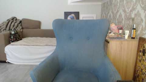 Media: Video of a modern living room with a plush, light blue armchair, beige sofa, and patterned wallpaper. The room features a wooden side table with bottles, a framed picture, and a decorative box.