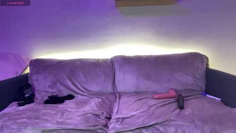 Video of a purple couch with a black phone and a pink vibrator on the cushions, illuminated by soft purple lighting, in a dimly lit room.