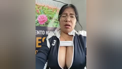 A video of a plus-sized woman with glasses and dark hair, wearing a revealing, low-cut black and white sports jacket, exposing ample cleavage. Background includes a blurred poster and greenery.