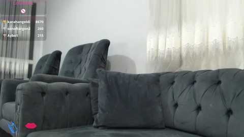 A video of a modern living room featuring a gray velvet sectional sofa with tufted buttons, set against sheer white curtains. The room is well-lit, with soft, diffused light creating a cozy ambiance.