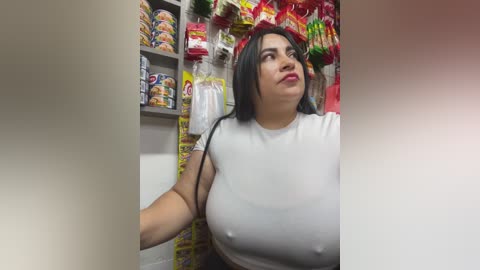 Video of a plus-size woman with large breasts, wearing a white crop top, in a convenience store aisle with snacks and chips.