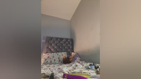 A video of a messy bedroom with a gray tufted headboard, a stuffed animal, a purple bag, and disheveled bedding against a beige wall.