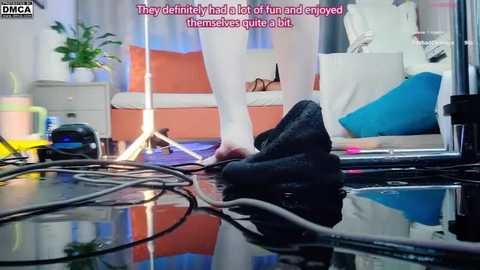 Video of a modern, minimalist living room with sleek, white furniture, vibrant pillows, and a potted plant. A person in black socks is standing on a shiny, reflective floor. Text overlay reads: \"They definitely had a lot of fun and enjoyed the messes.\