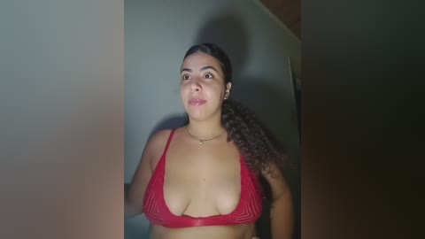 Video of a Latina woman with medium brown skin and curly dark hair in a ponytail, wearing a red mesh bra. She stands against a plain, dimly lit wall.