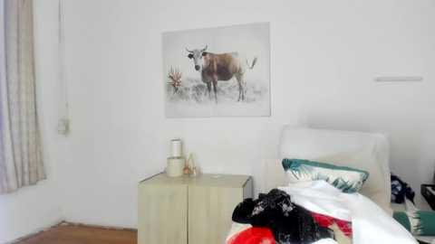 Video of a minimalist bedroom with a white wall, a framed deer painting, a beige wooden nightstand, and a disheveled white bed with colorful pillows.