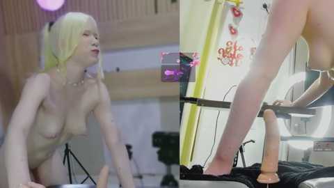 Side-by-side photos: left, a nude, blonde, slender woman with small breasts and a choker; right, a nude woman with a shaved pubic area, bending over, wearing a strap-on dildo. Both images are indoors, with a blurred background.