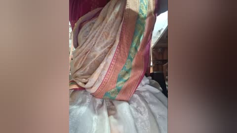 Media: A video shows a close-up of a person's arm, draped in a colorful, intricately patterned saree with shades of pink, green, and gold. The background reveals a blurred, outdoor setting with sunlight.