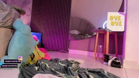 A video of a messy bedroom with a large, blue plush toy, scattered clothes, and a \"Dive\" sign on a wooden stand, pink walls, and a bed with a green and white blanket.