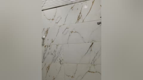 A video of a bathroom wall with large, glossy white tiles featuring intricate, dark brown marble veining patterns. The tiles are rectangular and evenly spaced, creating a sleek and luxurious look. A small, metallic showerhead is mounted in the upper left corner.
