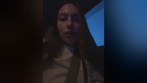Video of a woman with shoulder-length brown hair, wearing a white shirt and dark tie, sitting in a dimly lit car, illuminated by a blue light.