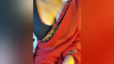Video of a woman's upper torso in a red saree with black and gold border, revealing a black bra beneath, set against a gradient background of blue, red, and orange.